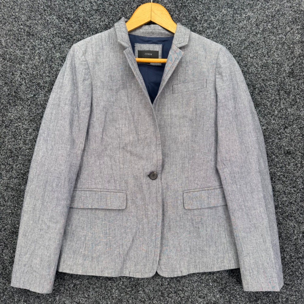 J.Crew Regent Blazer Womens 8 Light Blue Chambray Cotton One Button Jacket B9318